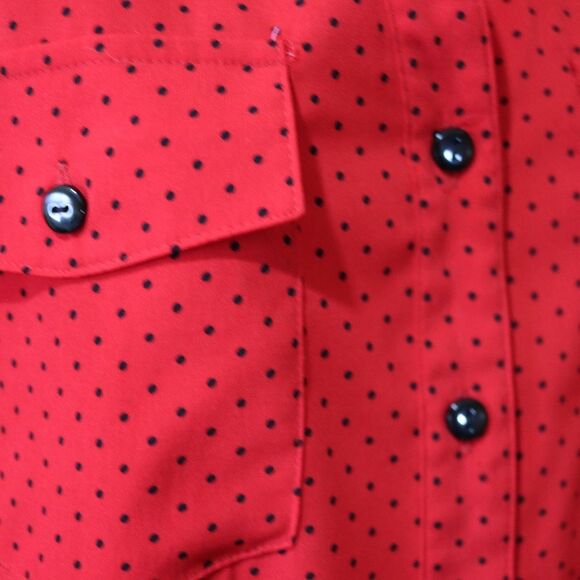 Notations Petite Red Black Polka Dot Mini Roll Tab Sleeve Button Down Blouse - Picture 8 of 15